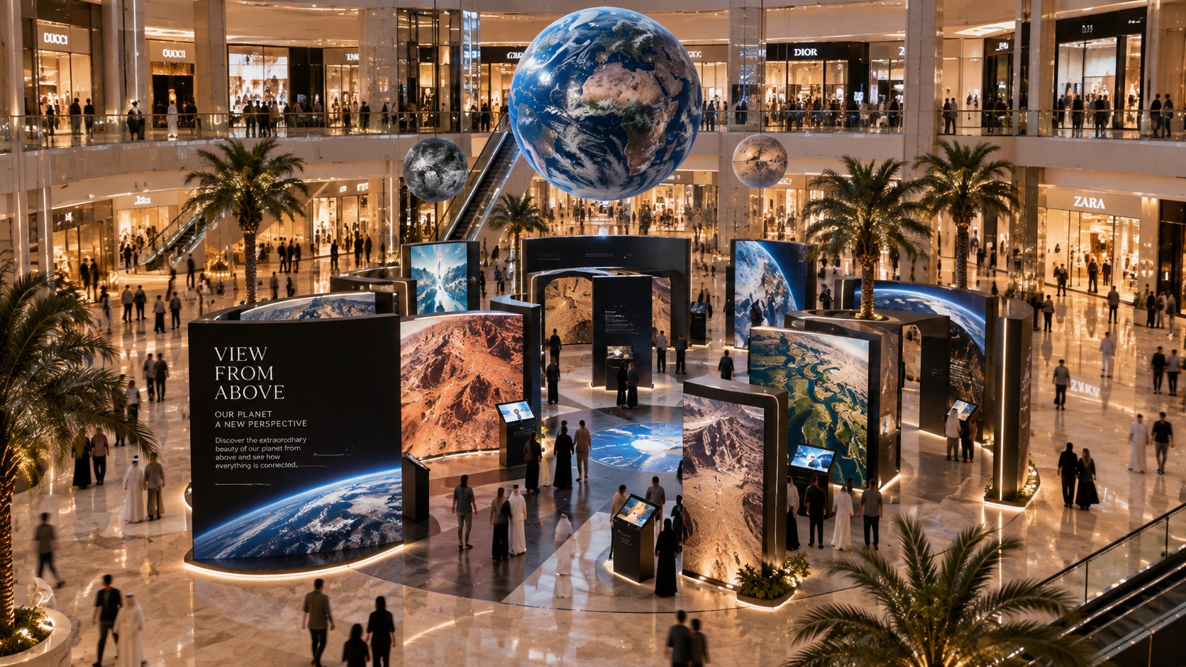 View From Above touring exhibition installed as a large-scale activation in a bright GCC shopping mall atrium