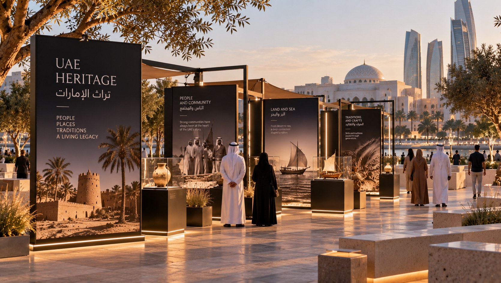 Bilingual UAE heritage touring exhibition installed in an illuminated outdoor public plaza in the Gulf