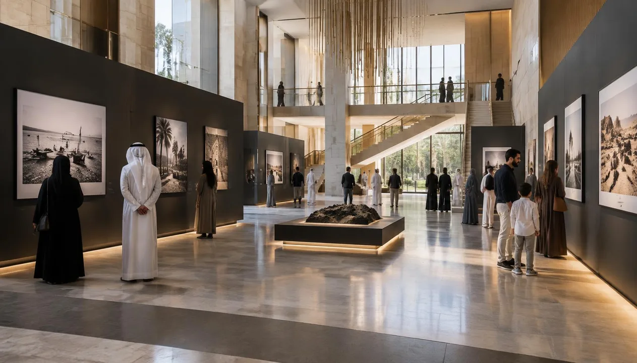 Visitors exploring a touring exhibition in a contemporary GCC cultural atrium